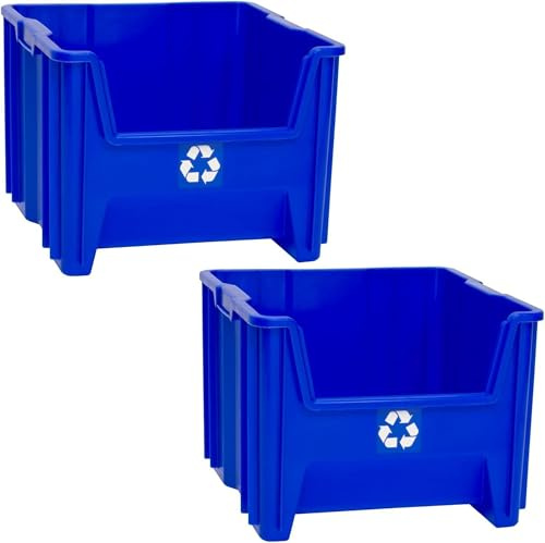 READYSPACE Commercial Industrial Heavy Duty Stackable Open-Front Recycling Bin Box Containers, 12 Gallon, 2 Pack, Blue