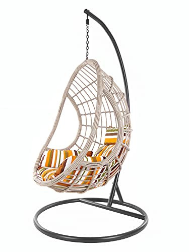 KIDEO Korbsessel: XXL Hängesessel mit Gestell & Kissen, Poly-Rattan, grau-beige (Kissen: Nest gestreift [8640 Retro Stripes])