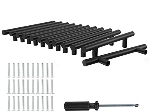 Baoweihua 12 StückTürgriffe Küche Schwarz mit Lochabstand 128mm, Schrankgriffe T-Zuggriffe mit Schrauben und Installationswerkzeugen, geeignet für Schublade, Küche und Wohndekoration