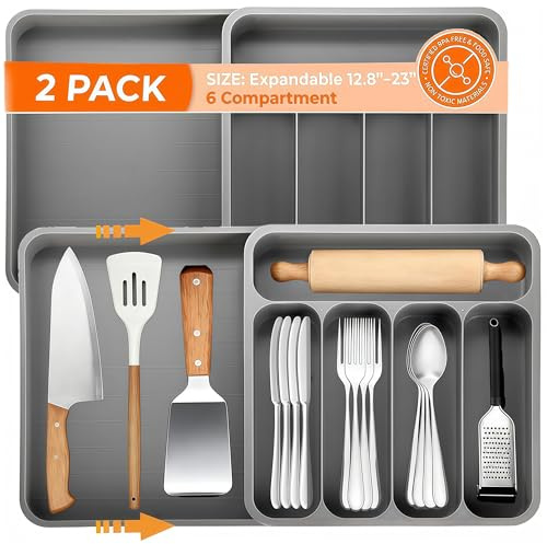 Pumtus 2 Pack Expandable Cutlery Drawer Organizer, 23 Inch Adjustable Plastic Utensil Tray Set, 6 Compartment Flatware Storage Divider, Kitchen Organization for Utensils, Silverware, Flatware Storage
