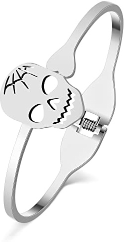 WEVENI Halloween TêTe de Mort Bracelet Cute Acier Inoxydable 18K Skull Bijoux Charms TêTe de Mort DéCoration Cadeaux pour Femme Filles (Argent)