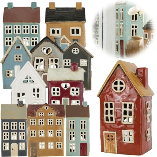 LS-LebenStil Teelichthaus Lichthaus 23cm Rot Braun Keramik Fachwerkhaus Nyhavn Teelichthalter Windlichthalter Kerzenständer Teelichtständer Windlicht für Teelichter Lichterhaus Fachwerkhaus