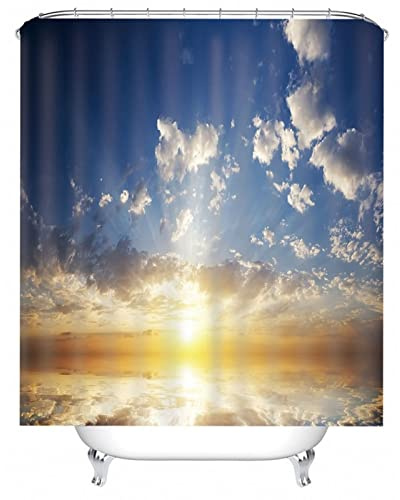 Skcess Duschvorhang Badewanne Blau Golden, Polyester Duschvorhang Wasserdicht Sonne und Wolken Badvorhang Anti-Schimmel 150x200CM
