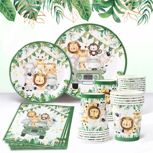 Dschungel Safari Partygeschirr Set, 96 Safari Pappteller Kindergeburtstag | Grün Pappteller Kindergeburtstag, Pappteller Servietten Becher, Party Animals Partygeschirr für Wild One Geburtstag Junge
