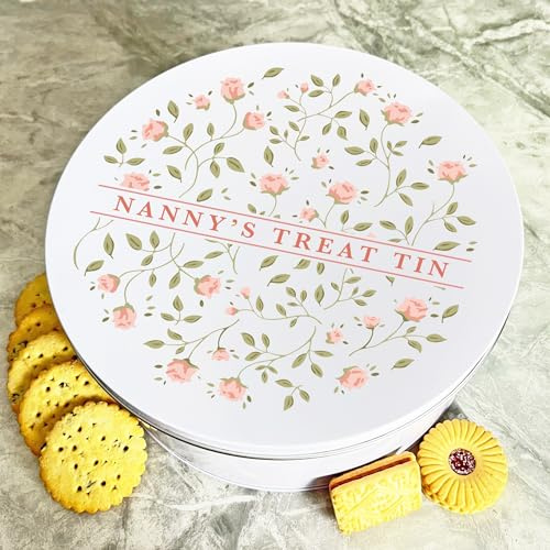 Personalised Round Pastel Peach Pink Roses Nanny's Biscuit Sweets Cake Treat Tin Personalised Gift | Custom Gift | Personalized Tin | Cake, Biscuit & Treat Tins | Gift For Her | Gift For Him