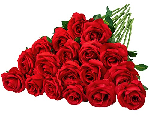 Ouddy Decor 20 Pcs Red Roses Artificial Silk Flowers Fake Roses Bouquet with Long Stems for Mother's Day Decor Wedding Home Party Table Centerpieces Bridal Bouquet DIY Floral Arrangment, Red