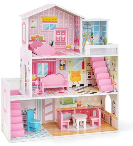 COSTWAY Casa delle Bambole in Legno con 5 Stanze e 10 Mobili | Casetta per Bambini con 3 Piani, Regalo per Bambini 3+ Anni, 60 x 25 x 70 cm