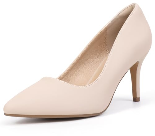IDIFU Nude High Heels Pumps Closed Toe Heels Women's Pumps Stiletto Pointed Toe Dress Shoes Wedding Prom Bridal Work Office Bride Trendy Dressy Comfortable Classic Pumps Shoes(Nude Nubuck,7.5)