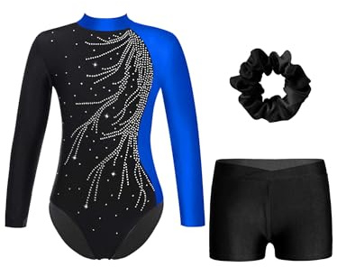 Alvivi Mädchen Turnanzug Glitzer Gymnastikanzug mit Kurze Hose Haarband Langarm Gymnastikbody Turntrikot Gymnastik Kleidung Tanzkostüm