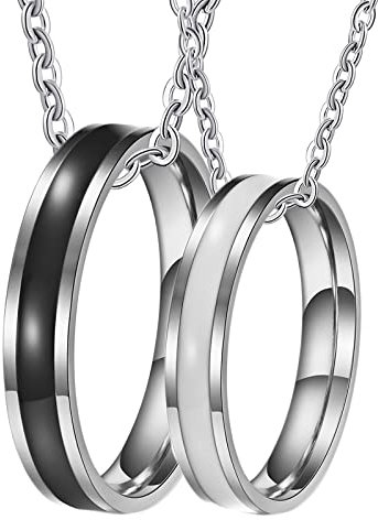 Gualiy Paar Halskette Personalisiert, Halskette Edelstahl Männer 4mm Silberring mit Emaille Anhänger Damen 54 + Herren 52