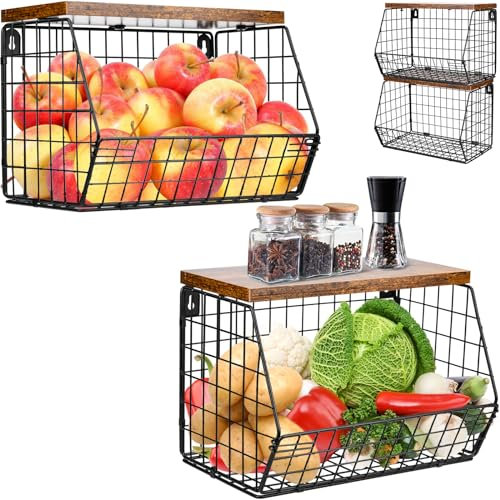HATANSE 2 Stöckig Obstkorb Hängend, Etagere Obstkorb, Obstschale Hängekorb Küche, Schwarz Metall Wandkorb Mit Holzdeckel Stapelbar & Wandmontierbar Zur Aufbewahrung Von Gemüse (Schwarz x 2)