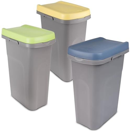 3x 40L Mülleimer Küche gelb grün blau, Mülleimer 3 Fächer, Mülltrennsystem 3fach, Mülltonne, Abfalleimer Küche, Mistkübel, Gelber Sack Mülleimer, Papiermülleimer mit Deckel, Müll, Mülleimer Groß