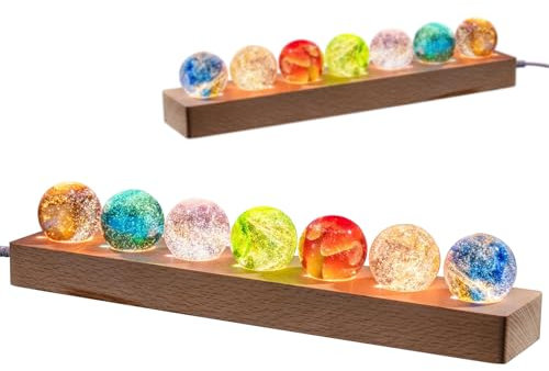 FIYSON 3D Kristallkugel Nachtlicht,USB 40mm Glas Kugel,7 Stück farbige Astronomie Sternenhimmel LED Ball Lampe,Mit Holzsockel,für Weihnachten/Geburtstag Astronomie Geschenk (Stil 1)
