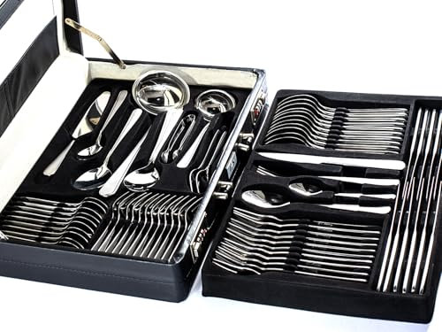 London 72-teiliges Besteckset im eleganten Koffer - Hochwertiger Edelstahl, Glänzend poliert, Inklusive Servierbesteck, Essbesteck mit Gabeln Messer Löffel Servierset