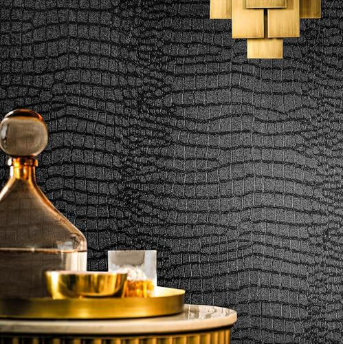 Fititem Black Peel and Stick Wallpaper Modern Black Crocodile Textured Wallpaper for Bedroom Bathroom Waterproof Removable Self Adhesive Contact Paper Embossed Leather Contact Paper 118inL 17.3inW