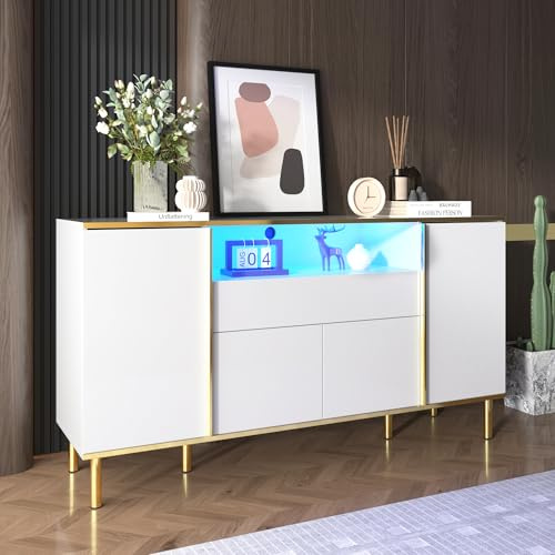 LED-Sideboard für Wohn- und Esszimmer, weiß und gold, Schublade, Türen mit Push-to-Open- und Soft-Close-Funktion, TV-Schrank, Buffetschrank, moderne Kommode mit goldenen Metallgriffen und -beinen