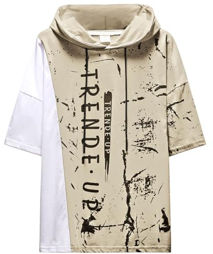 KENAIJING Sweat Manche Courte Homme Tee Shirt Sweats à Capuche Patchwork Hoodie (L, Beige)