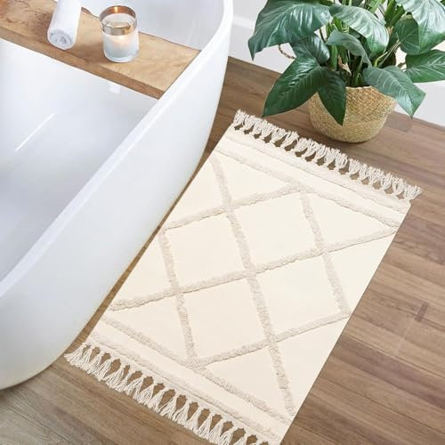 INKAROBOX Alfombra de pasillo bohemia beige con mechones de algodón con borlas tejidas, alfombra lavable para baño, cocina, salón, dormitorio, pasillo, comedor (beis, 90 x 60 cm (rectangular))