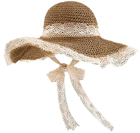 JOERBABU Strohhut, Strandhut, großer Schlapphut, Damen, Strohhut mit Hut, faltbarer Hut, khaki, 1-5