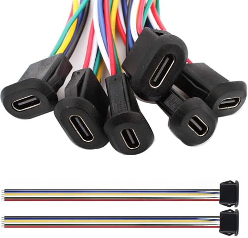 RUNCCI-YUN 6PCS USB Type-C Soldering Panel Mount Socket 6Pin USB C DIY Pigtail Bare Wire Power Cable, with Card Buckle with PD Function 150mm 24 AWG Wire （Black）