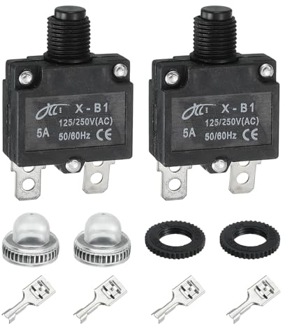 sourcing map Lot de 2 disjoncteurs thermiques 5 A, 125/250 V AC, 32 V CC à réinitialisation manuelle avec boutons poussoirs étanches, connecteurs rapides