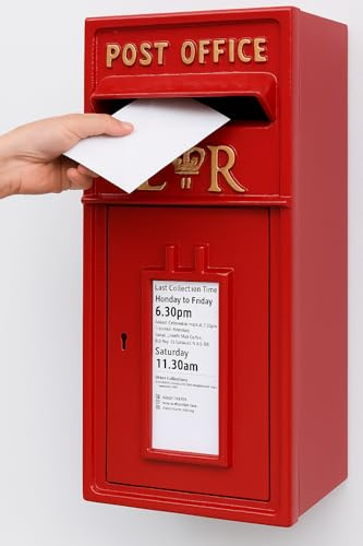 Assorted Collections Traditional ER Post Box - Wall Mounted Red Post Office Box with Lock & 2 Keys - Cast Iron - Classic British Style Letterbox - 24W x 17D x 57H cm (Red)