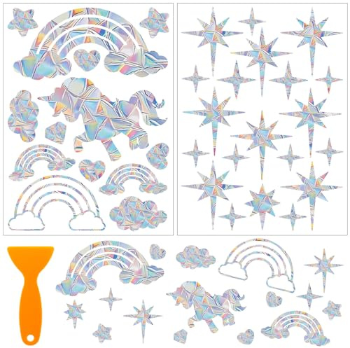 WEDAMOO 33 Pcs Rainbow Window Clings, Star/Horse Anti-Collision Stickers, Rainbow Prism Window Stickers, Suncatcher Sticker, Static Prism Window Decals for Bird Strike Prevention, Window Decoration
