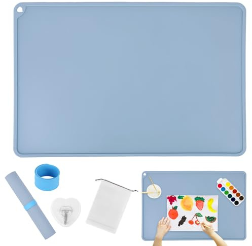 Silikonmatte Groß 60 x 40 cm, Malunterlage für Kinder, Rutschfestes Bastelunterlage Kinder, Blau Malunterlage Schule mit Zurrgurte, Schreibtischunterlage Kind für Malen, Basteln, DIY Projekte