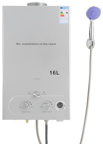 Chauffe-eau instantané à gaz 32 kW avec fonctionnement GPL - Avec pommeau de douche et tuyau de douche - Pression de l'eau de démarrage de 0,15 bar - Pour camping, caravanes, mobil-homes (16 l)