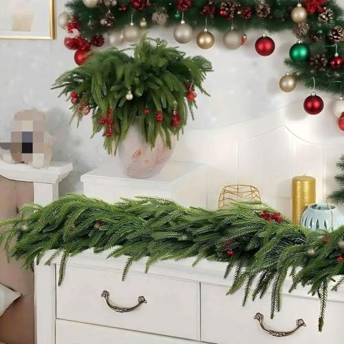 Weihnachten Deko,Weihnachtsgirlande 1.8M Künstliche Norfolk Pine Girlande Weihnachten aus PVC Grüne Weihnachtsgirlanden für Innen Kamin Treppe Wand Tür Außen (2 Stück)