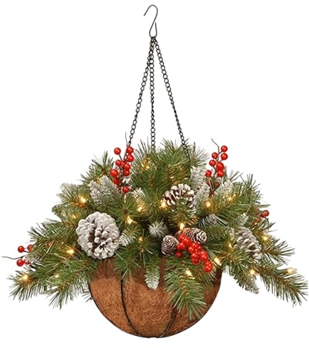 Maceta colgante con decoraciones mixtas, bayas rojas, piñas de pino, canasta colgante artificial para exteriores, decoración de Navidad
