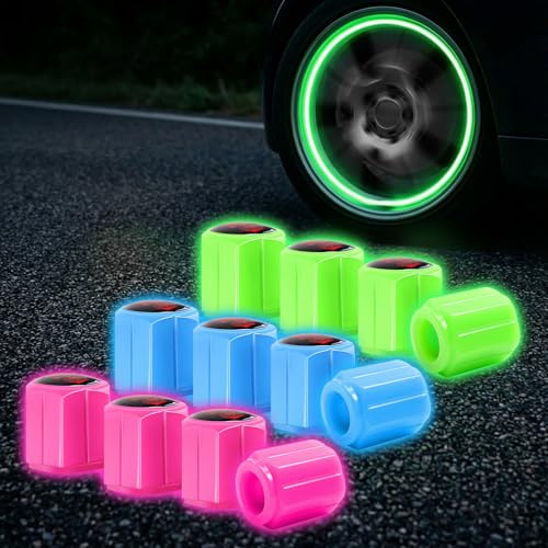 NYVOR 12 Stück Leuchtende Ventilkappen Auto, Universal Fluoreszierende Ventilkappen Auto, Staubschutz Ventilkappen für Reifen Autos, Fahrräder, Motorräde, SUV (Grün + Rot + Blau)