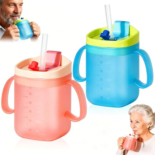 2 Pack Elderly Spill Proof Cups, 280 ml Unspillable Cup with 2 Handles, Leak-Proof Adult Sippy Cups with Straws & Duckbill Spout, Feeding Cup for Seniors, Disabled Patients and Pregnant (Blue & Pink)
