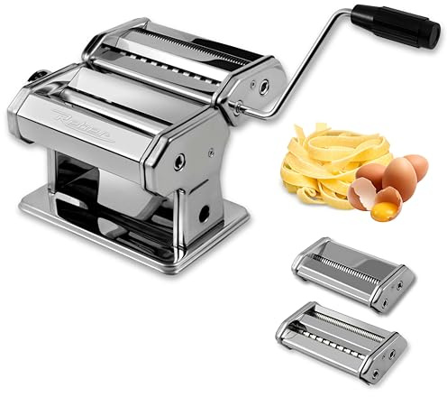 Reber Macchina Manuale per la Pasta in Acciaio, Tirapasta con Rulli 150 mm | 1 Accessorio Taglio Doppio + 4 a Taglio Singolo per 6 Formati di Pasta, Manovella e Morsetto, PastaReber Full Set Silver