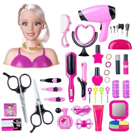 Tete a Coiffer, 35PCS Tête à Coiffer et Maquiller Jeu de Jouets (E-40PCS) | Coiffure,Jouet Éducatif,Jouet Fille pour 1-9 Ans,Poupée Styling Head Hairdressing Cadeaux Noël et d'anniversaire pour Filles