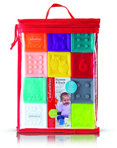 Infantino Squeeze and Stack Block Set - 10 mjuka färgglada block med siffror, djur och former för sensorisk utforskning och tidig staplingsförmåga, 206711
