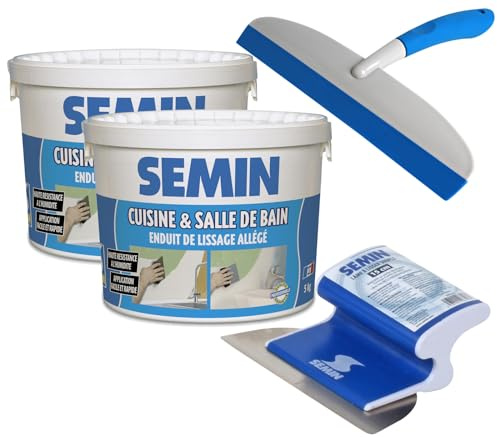 Semin A04736 Enduit de Lissage Cuisine et Salle de Bains, Adapté aux Pièces Humides, Seau de 5 kg (Lot 2), A06318 Lame CE 78 pour Enduire et Lisser, 15 cm et A04903 Raclette à Lisser