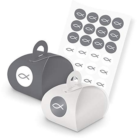 itenga SET Fisch 24x Gastgeschenk Geschenkschachtel mit Griff + Stickerbogen für Kommunion, Konfirmation, Taufe, Firmung