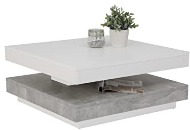 Hela Tische, Andy Mesa de Centro, Mesa de Salón Cuadrada, Material Compuesto de Madera, Tablero Giratorio en 360°, Blanco/Hormigón, 67 X 67 X 35 cm