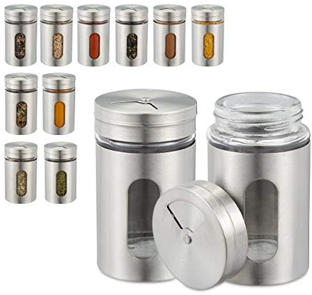 Relaxdays Gewürzstreuer, 12er Set, 3 Streugrößen, Sichtfenster, Gewürze & Kräuter, Glas, Edelstahl, Gewürzgläser, silber