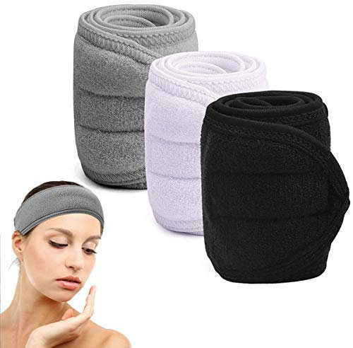 NATUCE 3 Stück Kosmetik Stirnband Frottee, Haarband für Make Up, Verstellbare Haarschutzband mit Klettverschluss für Sport, Yoga, Washen, Spa Kosmetik Stirnband Frottee für Gesicht Waschen Make-up