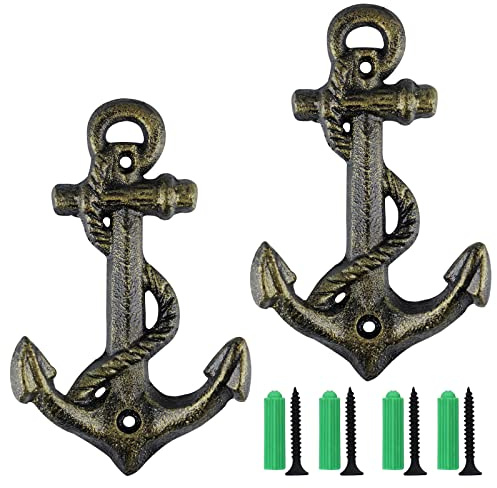 Sanbege 2 Pcs Anchor Coat Hooks, Nautical Wall Hangers, Vintage Cast Iron Key Holder for Hanging Towels, Bags, Robes, Decorations (Antique Bronze)