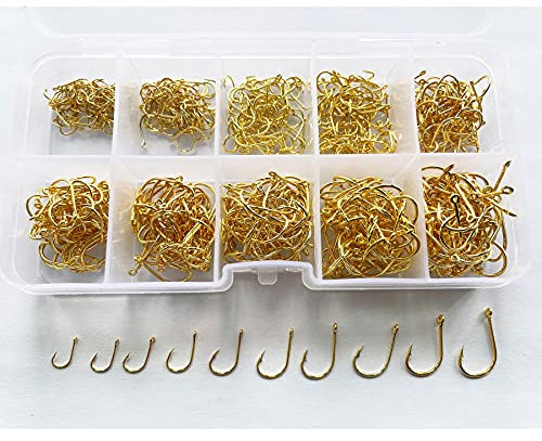 Angelhaken,fischtöter,angelzubehör,angelkoffer mit zubehör,600 STK Kohlenstoffstahl Angelhaken,Angelhaken Widerhaken Angelhaken mit Öse Angelhaken Set Angelzubehör mit Kunststoffbox-10Größen-Gold