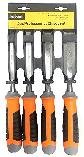 Rolson 56135 4pcs CRV Wood Chisel Set, Black/Orange
