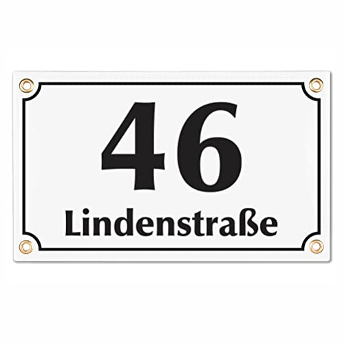 Sosenco Hausnummerschild Hausnummer mit Straßenname - 25x15 cm - Keramik Emaille - Wetterfest - Personalisiert (Weiß)