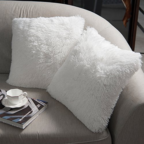 NordECO HOME 2er Set kissenbezüge 60x60 cm Kissen Weiß Künstlich Pelz Fellkissen Dekorative Deko Kissen Kuschelkissen Flauschig Sofakissen Weich für Sofa