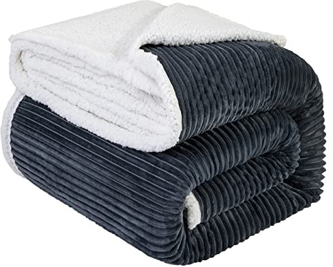 LBRO2M Striped Sherpa Fleece Bed Blanket King Size, Super Soft Fuzzy Plush Warm Cozy Fluffy Microfiber Couch Throw Velvet Double Reversible Luxurious Blankets (90x104), Dark Grey