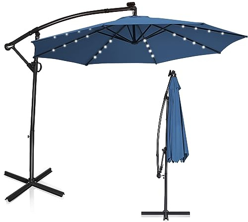 KOMFOTTEU Parasol Déporté avec LED, φ300 cm, Support et Rotation à 360°, Inclinable, pour Terrasse, Piscine, Café, Hauteur intérieur de 230 cm (Bleu)