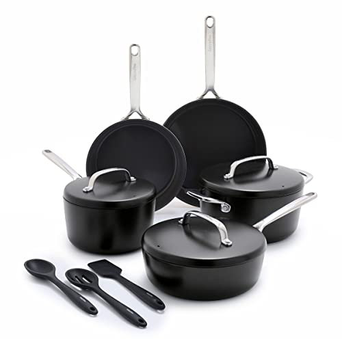GreenPan GP5 Lot de 14 casseroles et poêles en céramique anodisée dure antiadhésive et résistante aux rayures, surface plane, induction, poignée finition miroir, passe au four, sans PFAS, noir