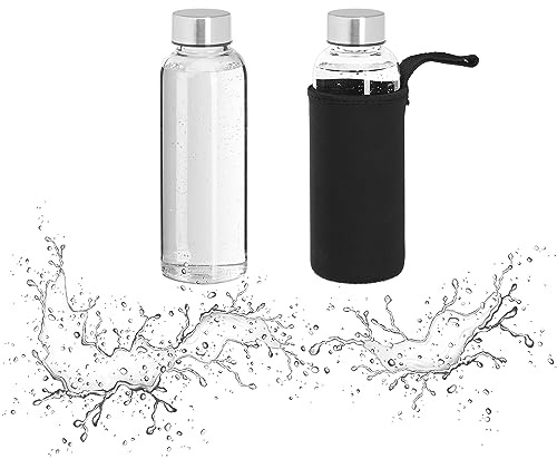 Relaxdays Vattenflaska glas, set om 2, 360 ml, läckagesäker, diskmaskinssäker, fodral, vattenflaska, transparent/svart